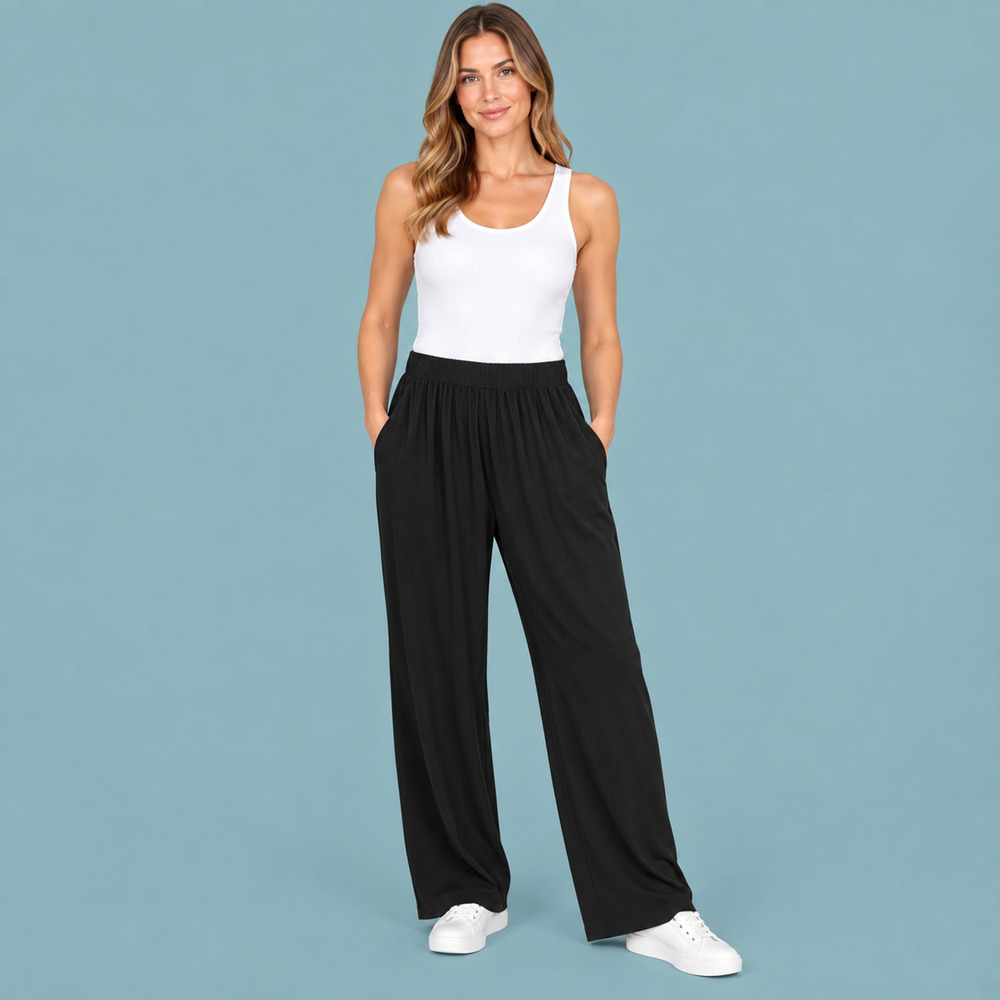 Eileen Fisher Medium M Black System Solid Wide Leg 100% Silk Pull-On Pants